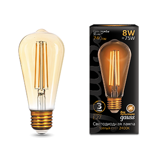 Лампа светодиодная филаментная Filament 8Вт 2400 тепл. бел. E27 740лм ST64 golden GAUSS 157802008