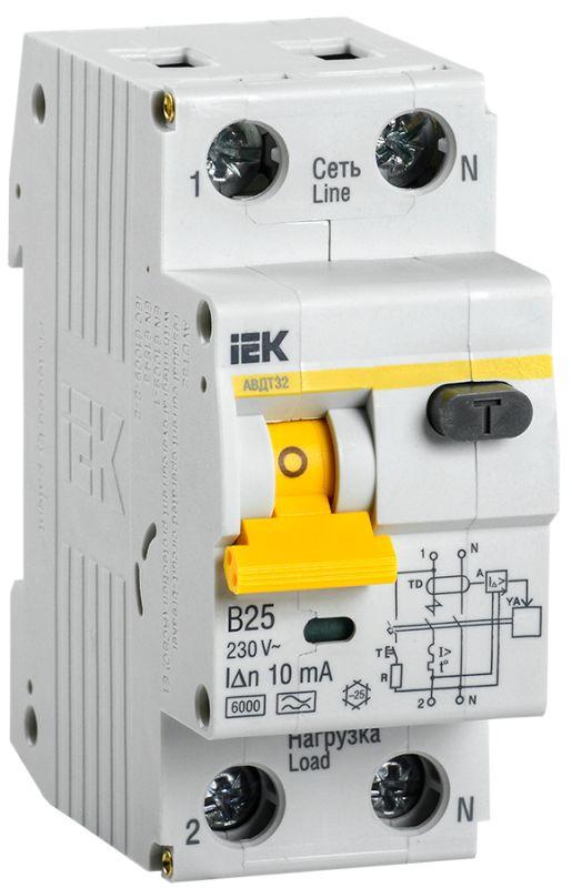 Выключатель автоматический дифференциального тока 2п (1P+N) B 25А 10мА тип A 6кА АВДТ-32 IEK MAD22-5-025-B-10