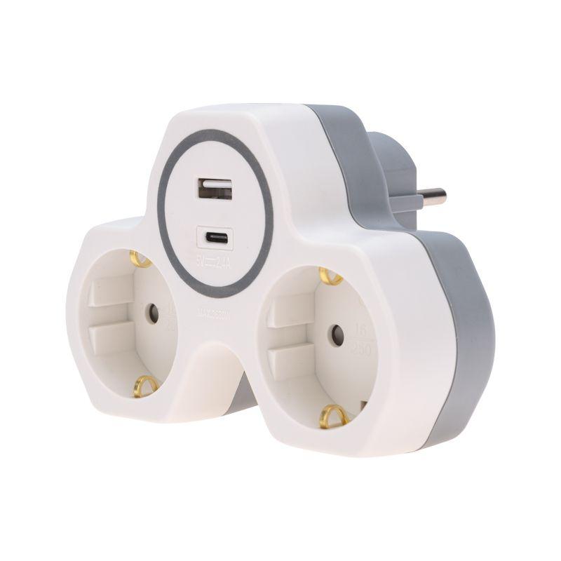 Разветвитель 2-м 16А + USB-A + USB-C с заземл. защ. шторки бел. Rexant 11-1253