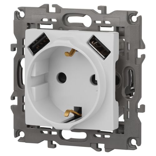 Розетка Elegance 14-4109-01М 16A 250В 2P+E защ. штор. с 2xUSB 3А 5В матов. бел. Эра Б0065773