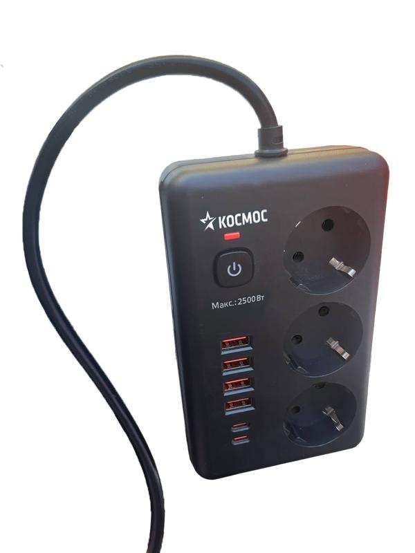 Удлинитель с сетевым фильтром 3х1.5м 10А 4USB + 2USBC 2500Вт ПВС 3х1 прямоуг. черн. КОСМОС FKsm1.5m-3gPF(B)USB