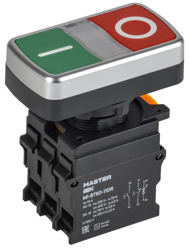 Кнопка "I-O" d22мм 1НО+1НЗ MASTER с подсветкой IEK MI-BT60-11DR-3-11-K51