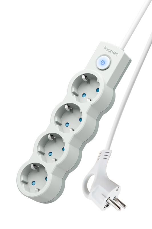 Удлинитель 4х3м с заземл. 10А IP20 2200Вт 220В защ. шторки ПВС 3х1 с выкл. бел. КОСМОС YKsm3m-4g-Z-V10A-W