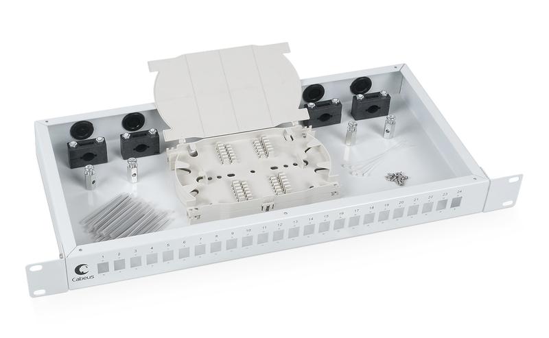Кросс бокс оптический FO-19-24SC 19дюйм на 24 SC LC duplex со сплайс-кассетой и КДЗС без пигтейлов и проходных адаптеров Cabeus 7037c