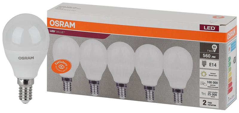 Лампа светодиодная LED Value LVCLP60 7SW/830 7Вт шар матовая E14 230В 2х5 RU (уп.5шт) OSRAM 4058075578104