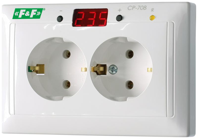 Реле напряжения CP-708 (однофазный; микропроцессорный; цифровая индикация напряжения; розеточный тип корпуса; для установки в монтажную коробку d60мм 150-300В 10А 1Z IP20) F&F EA04.009.008