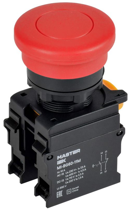 Кнопка "Грибок" d22мм 1НО+1НЗ MASTER без фиксации красн. IEK MI-BG60-11M-3-21-K04