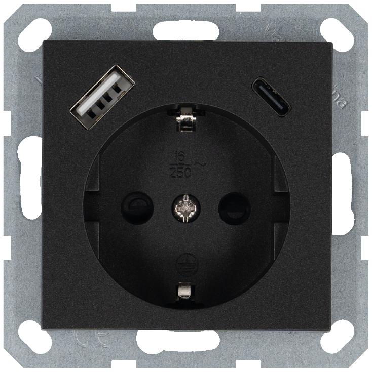 Розетка Shuko 16А с заземл. защ. шторки с 2-мя заряд. устройствами USB тип A+C 25Вт механизм антрацит Jasmart G5501USB-25B