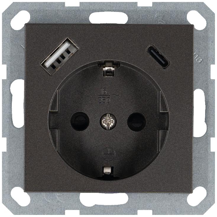 Розетка Shuko 16А с заземл. защ. шторки с 2-мя заряд. устройствами USB тип A+C 25Вт механизм мокко Jasmart G5501USB-25Z