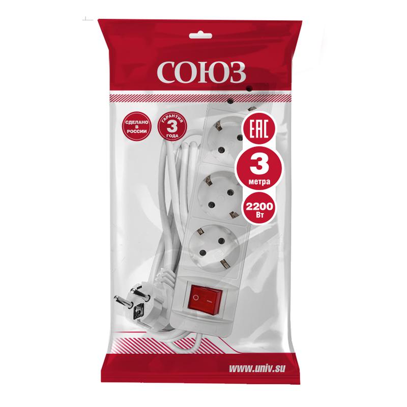 Удлинитель 4х3х10А IP20 2.2кВт ПВС 3х1 с выкл. бел. Союз 2790