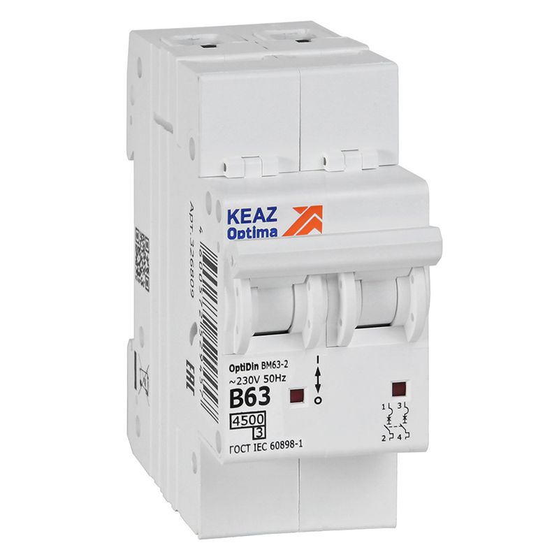 Выключатель автоматический модульный 2п B 63А 4.5кА OptiDin BM63-2B63-4.5-УХЛ3 КЭАЗ 329516
