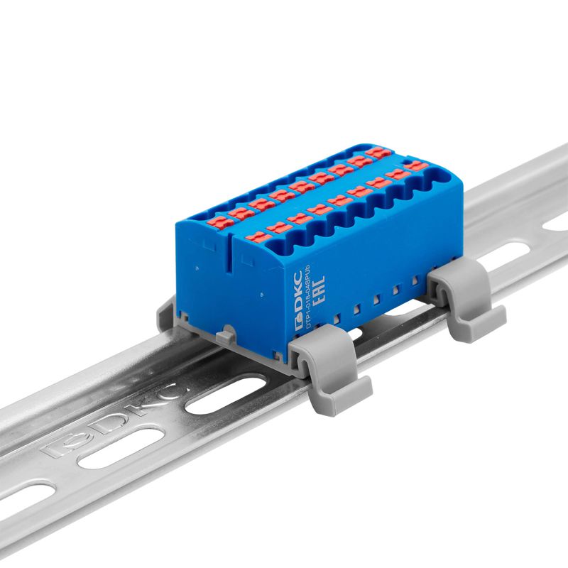 Блок распределительный с горизонт. адаптером на рейку шир. 35мм зажим push-in 18 точек подключения 2.5кв.мм син. DKC DTP1-018-04SPUB-H