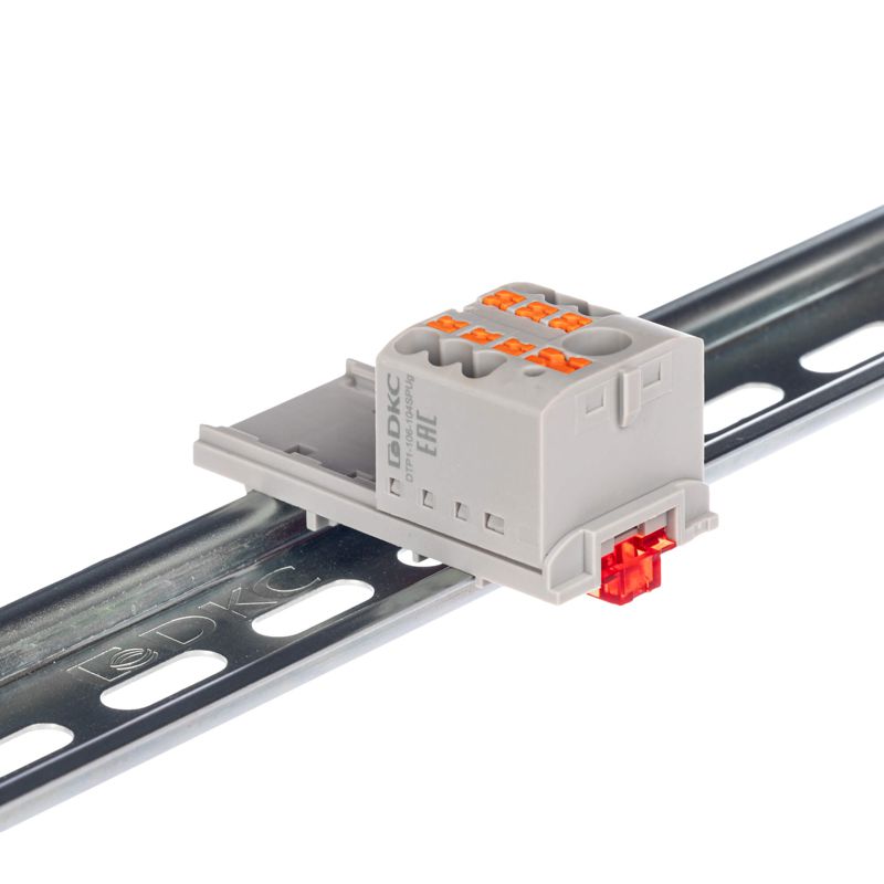 Блок распределительный с вертикал. адаптером на рейки шир. 15/35мм зажим push-in 1 ввод 6кв.мм 6 точек подключения 2.5кв.мм сер. DKC DTP1-106-104SPUG-V