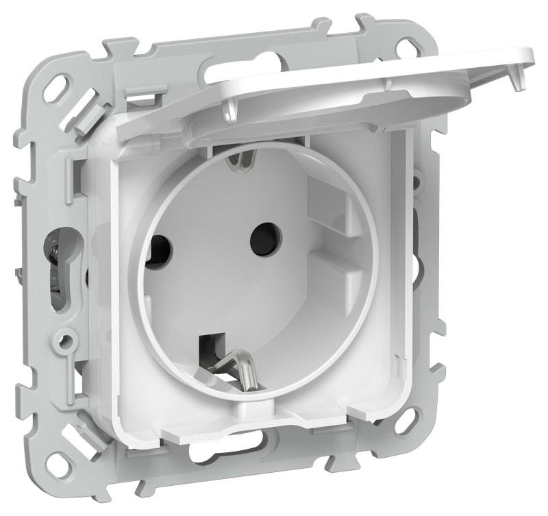 Розетка СП FLITE РСшкр11-1-44-ФлБ 16А IP44 с заземл. с защ. шторками и крышкой безвинтовое крепление механизм бел. IEK FI-R16-16-1-44-K01
