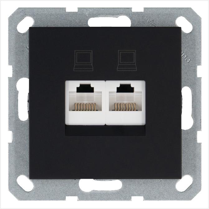 Розетка компьютерная 2-м RJ45 IP20 кат. 5E механизм черн. матов. soft touch Jasmart G6106PB
