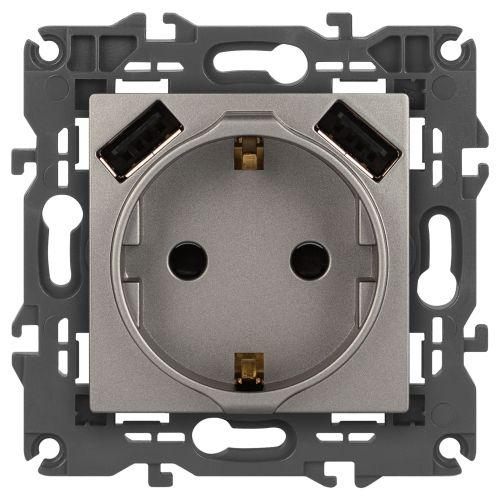 Розетка Elegance 14-4109-16 16A 250В 2P+E защ. штор. с 2xUSB 3А 5В титан Эра Б0065775