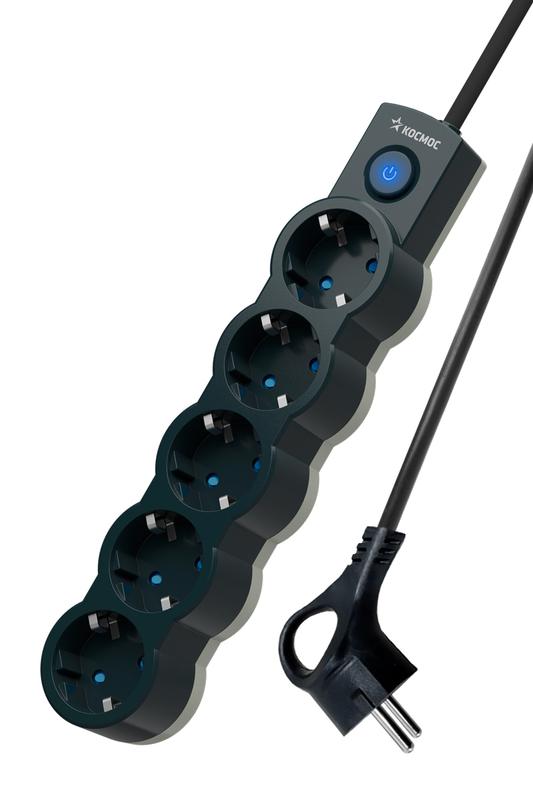 Удлинитель 5х3м с заземл. 10А IP20 2200Вт 220В защ. шторки ПВС 3х1 с выкл. черн. КОСМОС YKsm3m-5g-Z-V10A-B