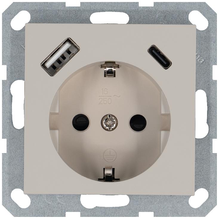 Розетка Shuko 16А с заземл. защ. шторки с 2-мя заряд. устройствами USB тип A+C 25Вт механизм тауп Jasmart G5501USB-25T