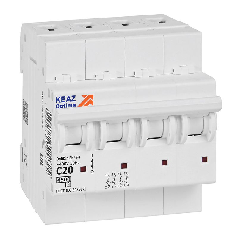 Выключатель автоматический модульный 4п C 20А OptiDin BM63-4C20-4.5-УХЛ3 КЭАЗ 326822