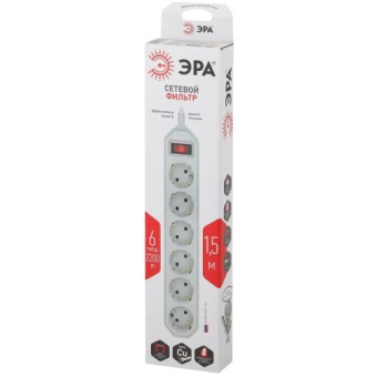 Удлинитель с сетевым фильтром 6х1.5м с заземл. 10А IP20 USF-6es-1.5m-W с выкл. с базов. защитой бел. Эра Б0037260