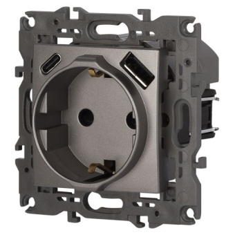 Розетка Elegance 14-4108-16 16A 250В 2P+E защ. шторки с USB type-A+C 3А 5В титан Эра Б0067695