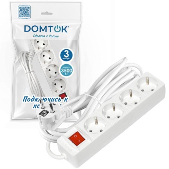 Удлинитель 4х3х16А IP20 3х1 с выкл. бел. DOMTOK 2499