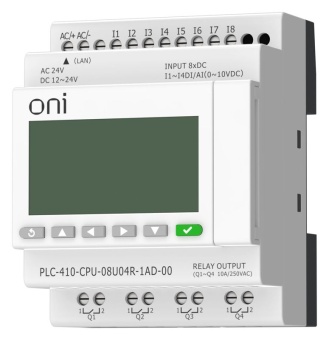 Модуль ЦПУ ПЛК 410 4 DI 4 UI (0-10 В/DI) 4 RO 12В-24В DC или 24В AC с Ethernet портом с экраном ONI PLC-410-CPU-08U04R-1AD-00