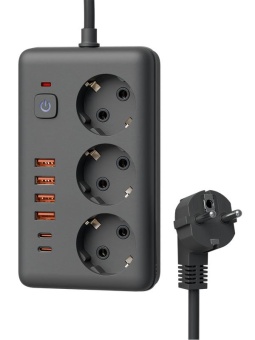 Удлинитель с сетевым фильтром 3х1.5м 10А 4USB + 2USBC 2500Вт ПВС 3х1 прямоуг. черн. КОСМОС FKsm1.5m-3gPF(B)USB