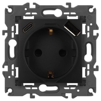 Розетка Elegance 14-4108-05 16A 250В 2P+E защ. шторки с USB type-A+C 3А 5В антрацит Эра Б0067724