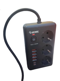 Удлинитель с сетевым фильтром 3х1.5м 10А 4USB + 2USBC 2500Вт ПВС 3х1 прямоуг. черн. КОСМОС FKsm1.5m-3gPF(B)USB