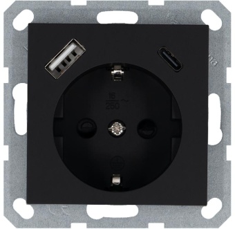Розетка Shuko 16А с заземл. защ. шторки с 2-мя заряд. устройствами USB тип A+C 25Вт механизм черн. матов. soft touch Jasmart G5501USB-25PB