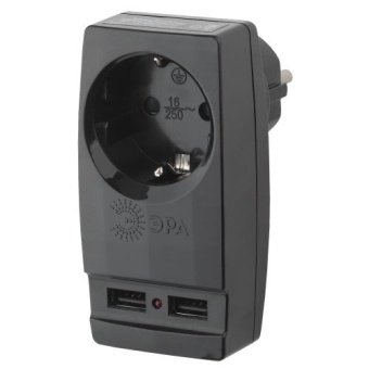 Адаптер 1-м с заземл. Polynom SP-1e-USB-B 220В 2хUSB 2100мА черн. Эра Б0026333