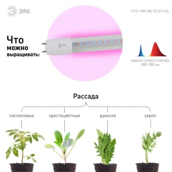 Лампа светодиодная FITO-18W-RB-Т8-G13-NL 18Вт T8 линейная 96LED 2835 IP20 35000ч для растений красн./син. спектр стекло Эра Б0042990