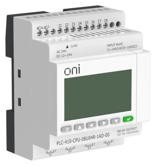 Модуль ЦПУ ПЛК 410 4 DI 4 UI (0-10 В/DI) 4 RO 12В-24В DC или 24В AC с Ethernet портом с экраном ONI PLC-410-CPU-08U04R-1AD-00