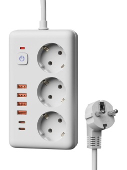Удлинитель с сетевым фильтром 3х5м 10А 4USB + 2USBC 2500Вт ПВС 3х1 прямоуг. бел. КОСМОС FKsmPR-5m-3g(W)USB