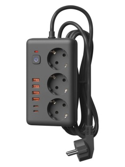 Удлинитель с сетевым фильтром 3х5м 10А 4USB + 2USBC 2500Вт ПВС 3х1 прямоуг. черн. КОСМОС FKsmPR-5m-3g(B)USB
