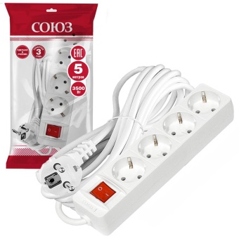 Удлинитель 4х5м с заземл. 16А IP20 3х1 с выкл. бел. Союз 2794