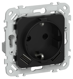 Розетка 1-м СП FLITE РСЮша11-1-ФлЧ 16А с USB A+A 3.1А с заземл. с защ. шторками безвинтовое крепление механизм черн. IEK FI-R14-16-1-U21-D31-K02