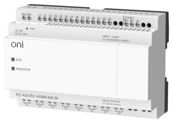 Модуль ЦПУ ПЛК 410 8 DI 6 UI (0-10В/DI) 8 RO 12В-24В DC или 24В AC с Ethernet портом без экрана ONI PLC-410-CPU-14U08R-0AD-00