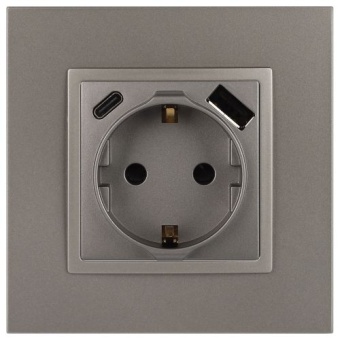 Розетка Elegance 14-4108-16 16A 250В 2P+E защ. шторки с USB type-A+C 3А 5В титан Эра Б0067695
