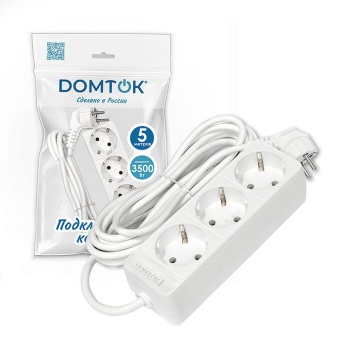 Удлинитель 3х5м с заземл. 16А IP20 3.5кВт ПВС 3х1 бел. DOMTOK 2392