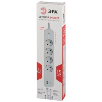 Удлинитель с сетевым фильтром 4х1.5м с заземл. 10А USF-4es-1.5m-2xUSBAC-W +2xUSBA+C3.1A с выкл. с базов. защитой Эра Б0059571