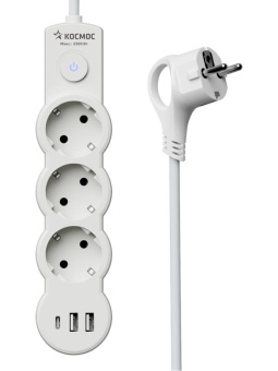Удлинитель 3х3м с заземл. 10А IP20 USB 2800Вт 220В ПВС 3х1 с выкл. бел. КОСМОС YKsm3m3g-Z-VU10А-W