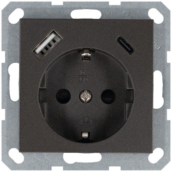 Розетка Shuko 16А с заземл. защ. шторки с 2-мя заряд. устройствами USB тип A+C 25Вт механизм мокко Jasmart G5501USB-25Z