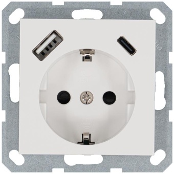 Розетка Shuko 16А с заземл. защ. шторки с 2-мя заряд. устройствами USB тип A+C 25Вт механизм бел. глянцевый Jasmart G5501USB-25W