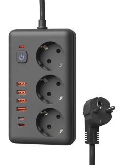 Удлинитель с сетевым фильтром 3х5м 10А 4USB + 2USBC 2500Вт ПВС 3х1 прямоуг. черн. КОСМОС FKsmPR-5m-3g(B)USB