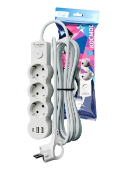Удлинитель 3х5м с заземл. 10А IP20 USB 2800Вт 220В ПВС 3х1 с выкл. бел. КОСМОС YKsm5m3g-Z-VU10А-W