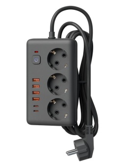 Удлинитель с сетевым фильтром 3х1.5м 10А 4USB + 2USBC 2500Вт ПВС 3х1 прямоуг. черн. КОСМОС FKsm1.5m-3gPF(B)USB