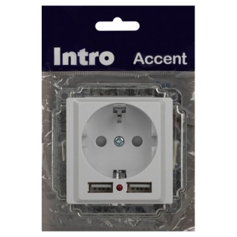 Розетка 1-м СП Accent 6-410-01 16А IP20 250В P+E Schuko защ. шторки + 2хUSB бел. Intro Б0063689