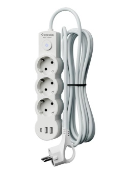 Удлинитель 3х3м с заземл. 10А IP20 USB 2800Вт 220В ПВС 3х1 с выкл. бел. КОСМОС YKsm3m3g-Z-VU10А-W